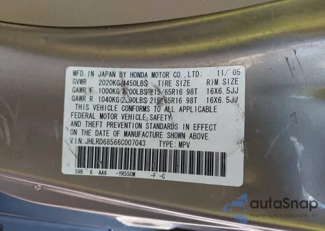 2006 Honda Cr-V Lx from USA, damaged, VIN JHLRD68566C007043
